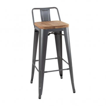    French Bistro High Stool with Wooden Seat Pad Grey