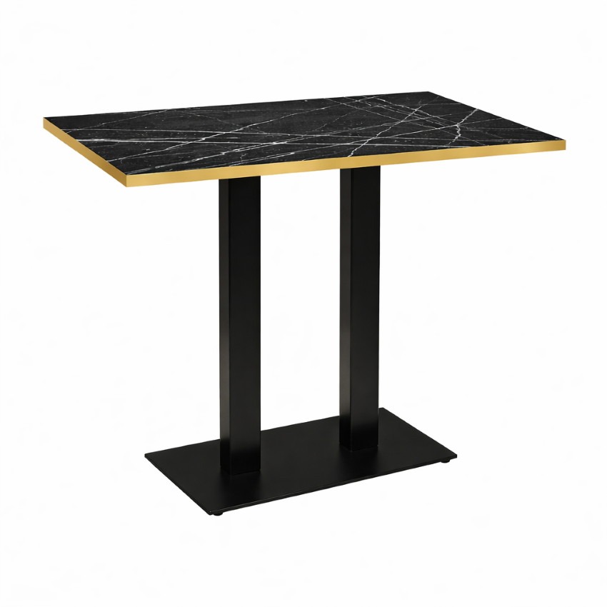 Cast Iron Slimline Twin Poseur Table Black Marble Gold Edge -0