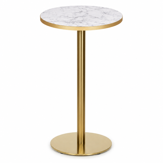680mm Round Brass Poseur Table White Marble Gold Edging