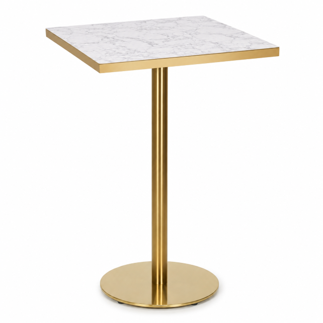 680 x 680mm Square Brass Poseur Table White Marble Gold Edging